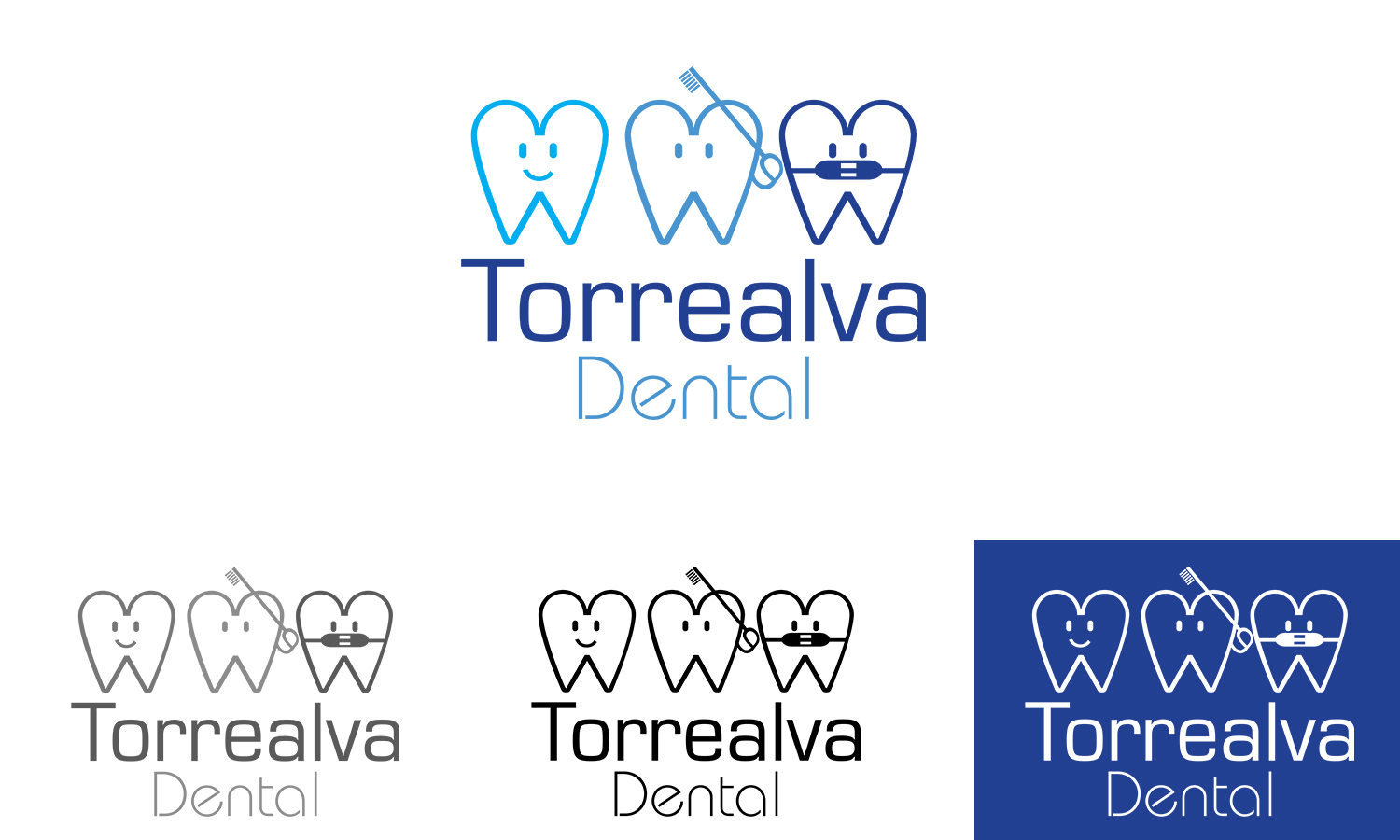 Logo diseñado para Torrealva Dental junto a sus variantes de color