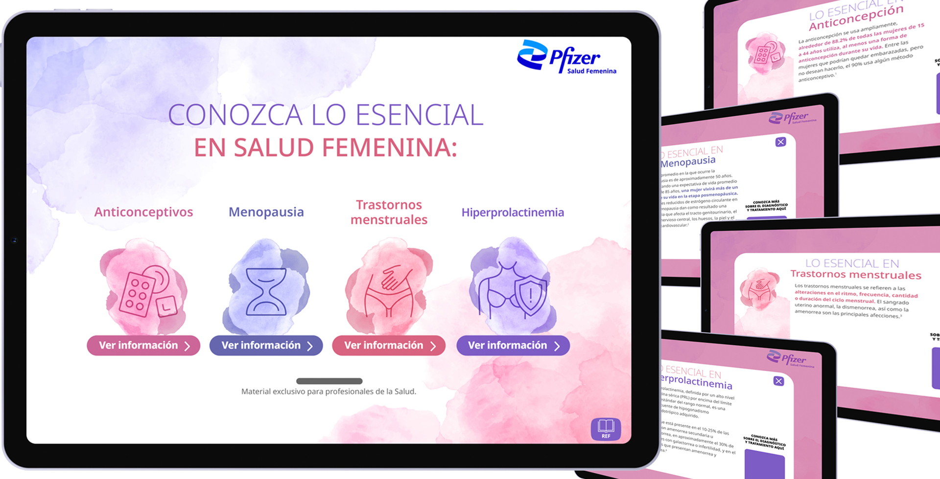 Lo esencial en salud femenina Pantalla principal del diseño final con pantallas adiciones del proyecto en el fondo