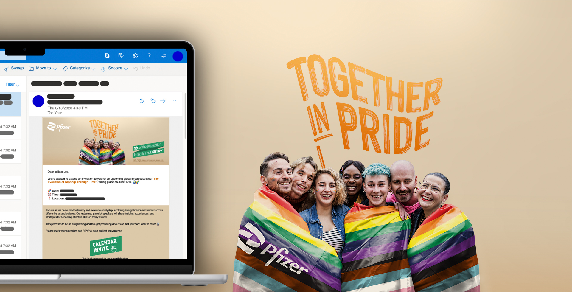 Together In Pride Portada Muestra de email y arte principal de la campaña Together In Pride